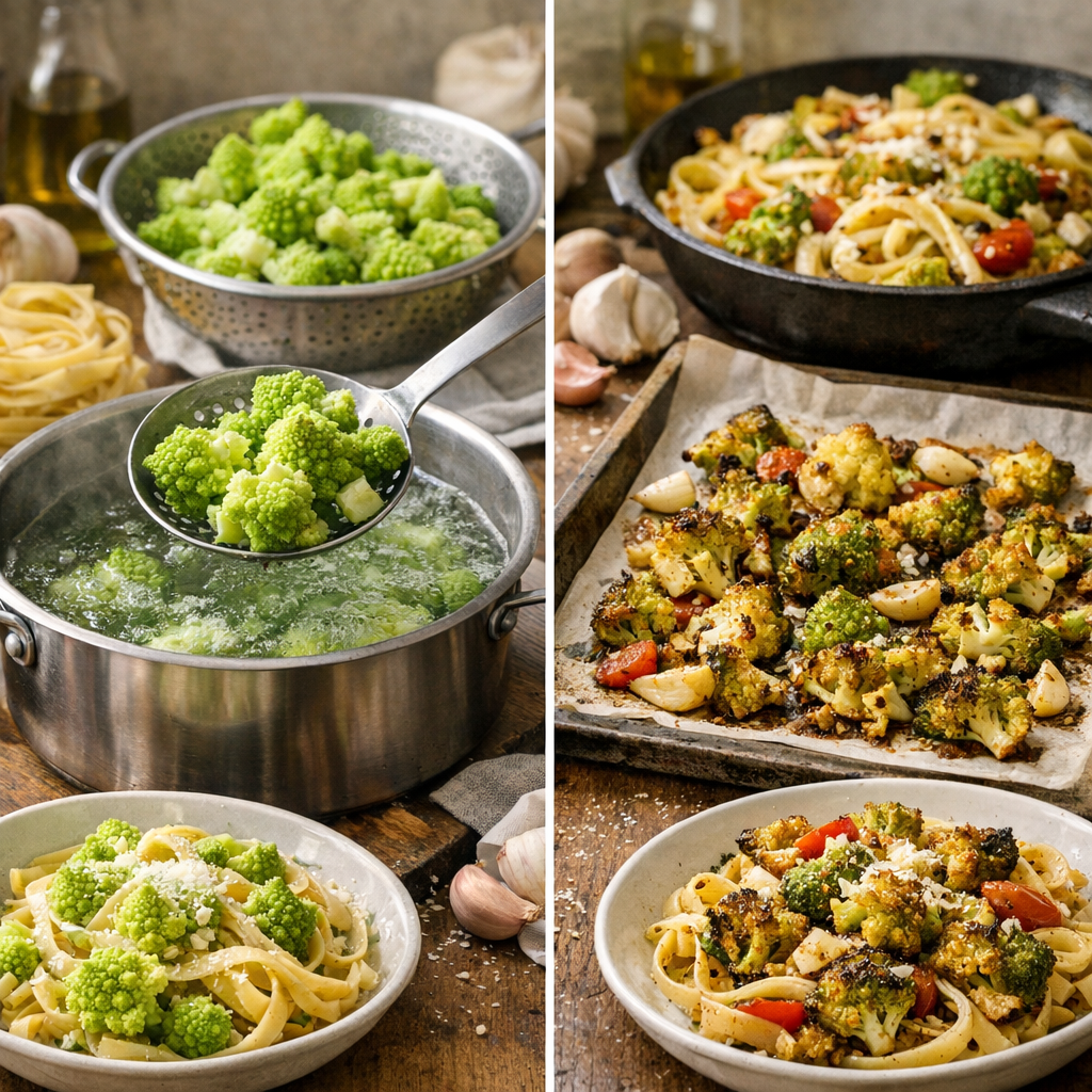Pour un plat italien au chou romanesco, vaut-il mieux le blanchir puis l’intégrer aux pâtes, ou le rôtir directement pou
