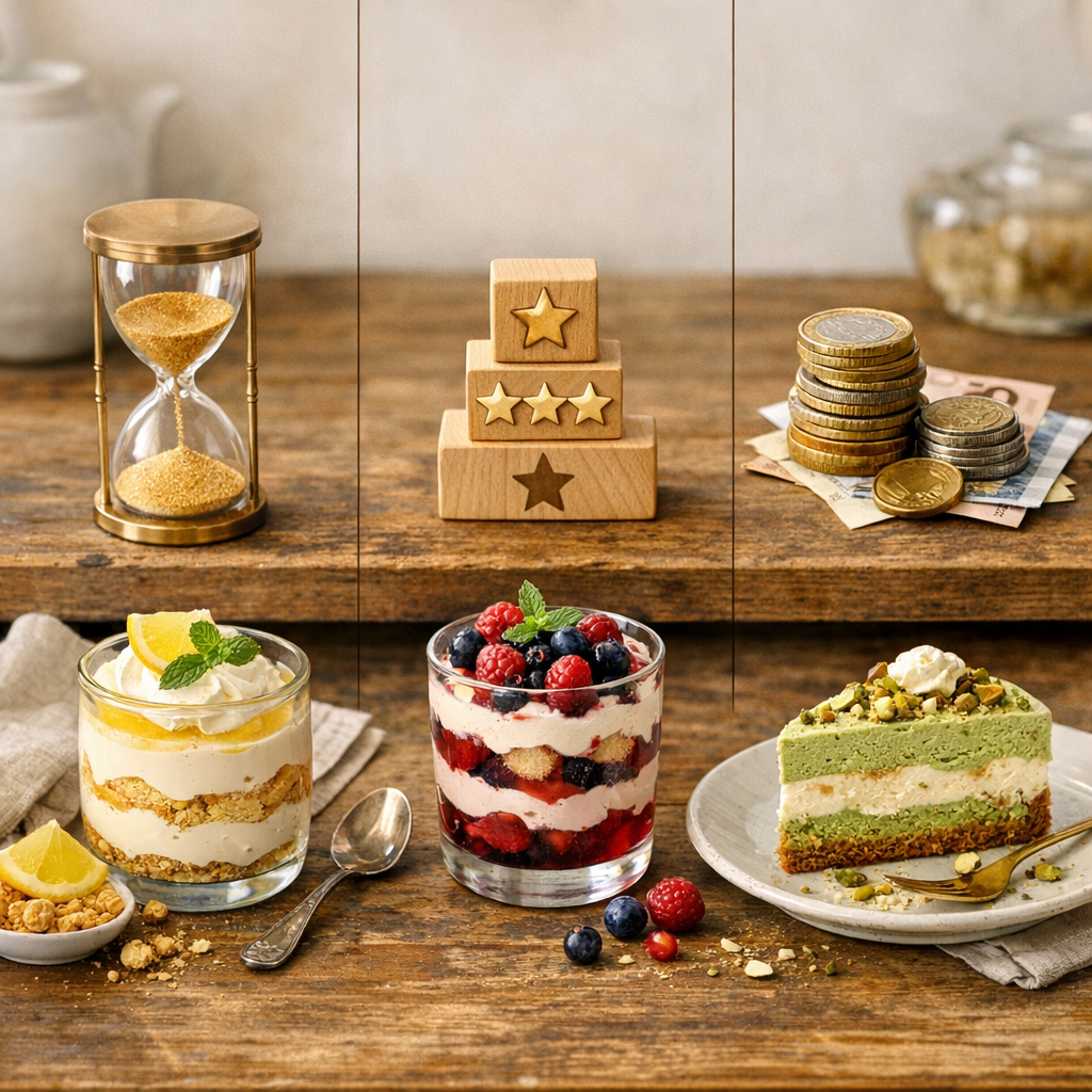 Tableau comparatif : temps, niveau de difficulté et fourchettes de prix pour choisir le bon dessert