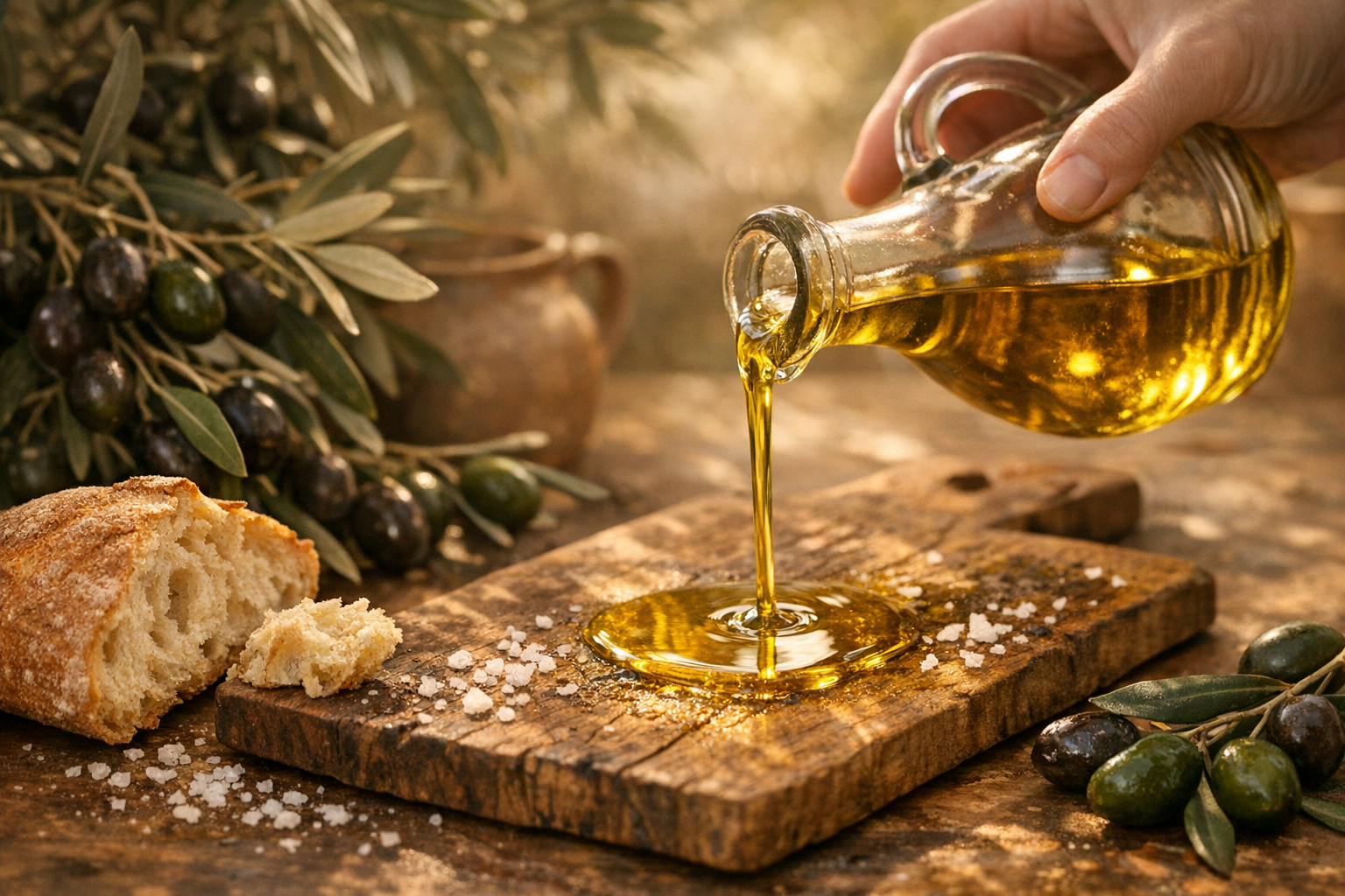 Huile d'olive méditerranéenne sur planche de bois