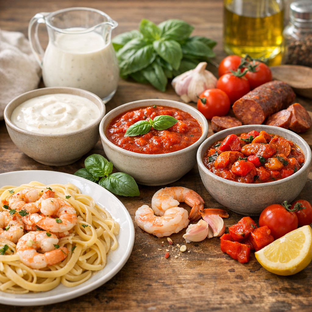 Ingrédients et choix de sauce : crème, tomate basilic ou tomate cerises-poivron rôti-chorizo