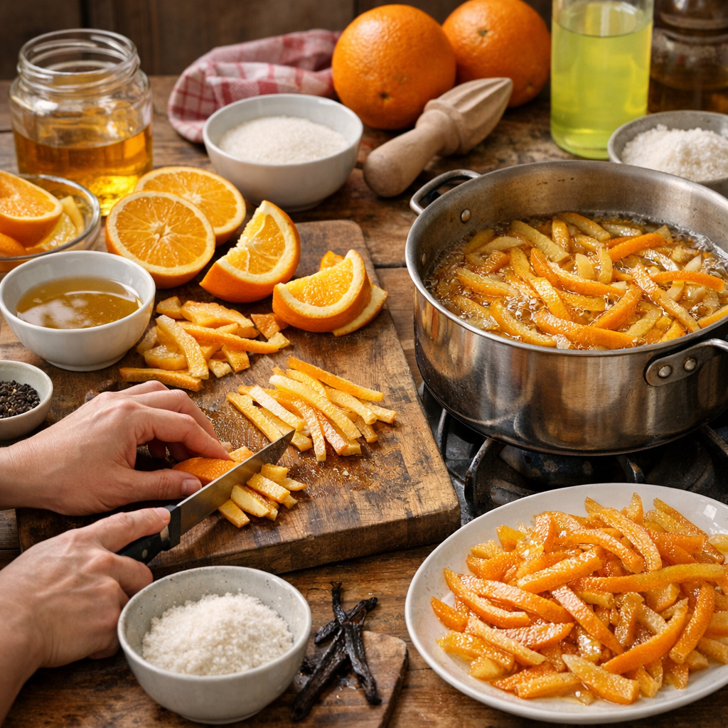 La préparation des écorces d’oranges confites : ingrédients, découpe et cuisson