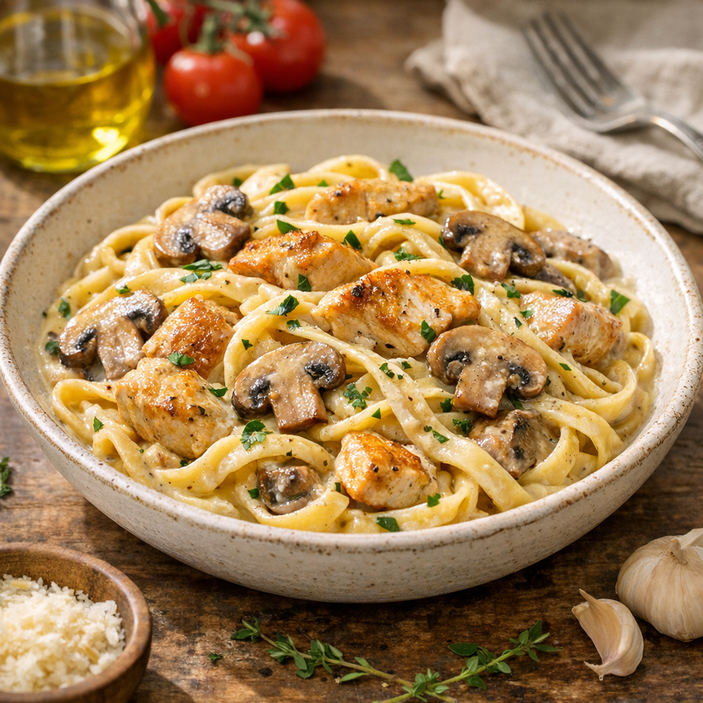 Pâtes poulet champignons : la sauce crémeuse qui nappe
