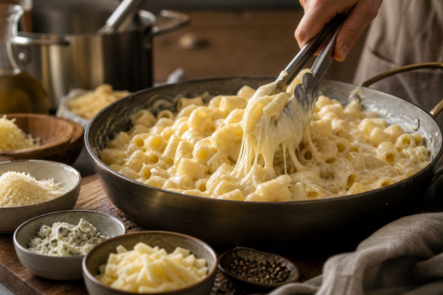 Préparation des pâtes aux quatre fromages, sans sauce qui tranche