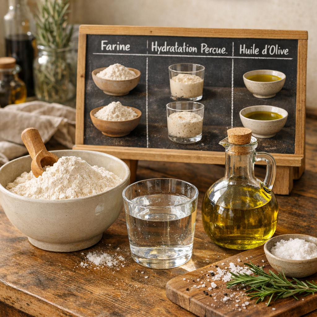 Farine, hydratation perçue, huile d'olive : le tableau de choix qui change vraiment le résultat