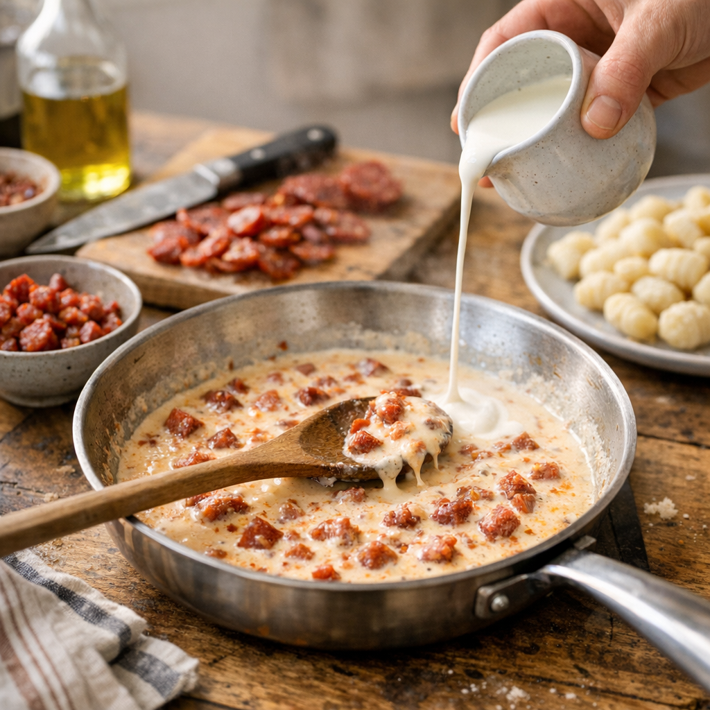 Préparation : la méthode courte pour une sauce crème de chorizo qui ne sature pas