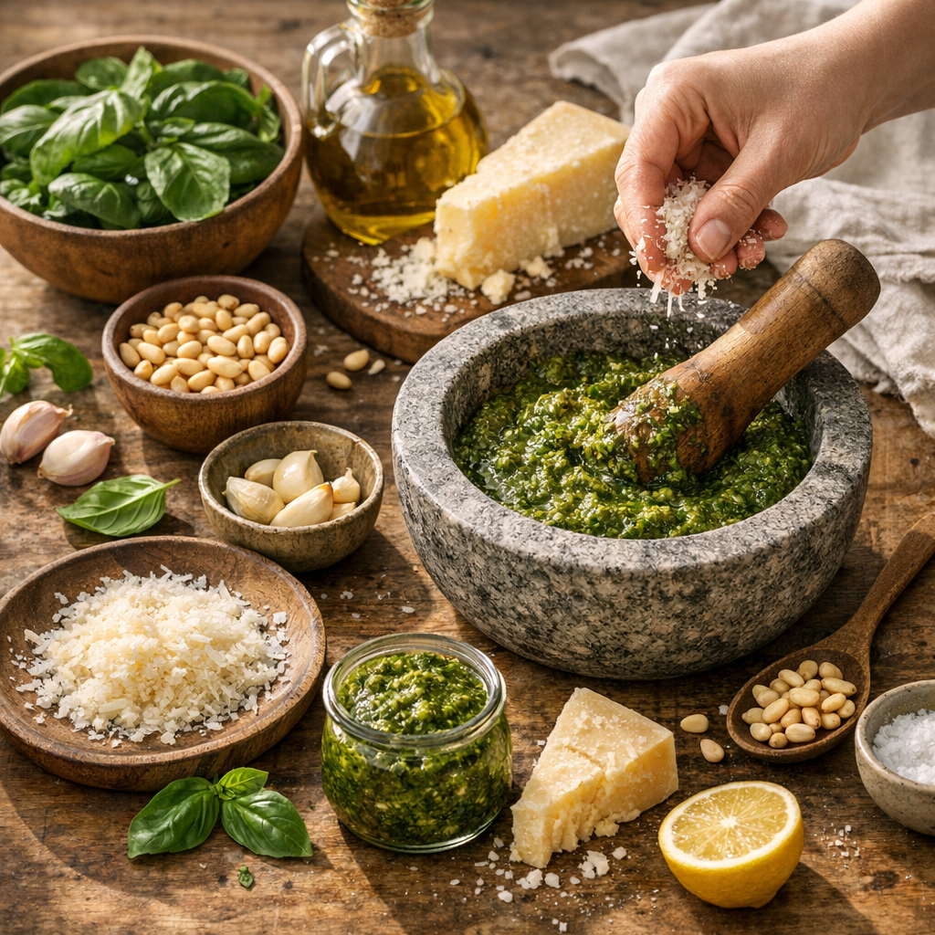 Préparation : les étapes pour un pesto italien vert, souple et parfumé