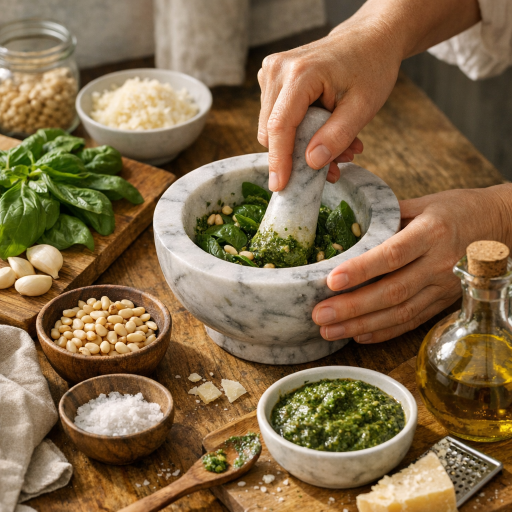 Préparation : la recette pesto traditionnel pas à pas sans chauffer la sauce
