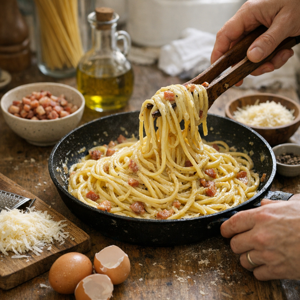 Préparation : comment réussir une carbonara facile sans crème tout en gardant une sauce vraiment liée et non brouillée