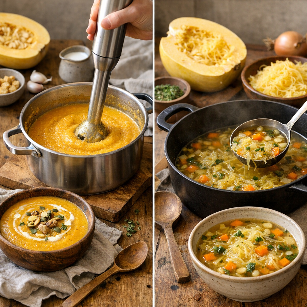 Préparation : deux vraies méthodes, velouté mixé ou soupe aux vermicelles de courge