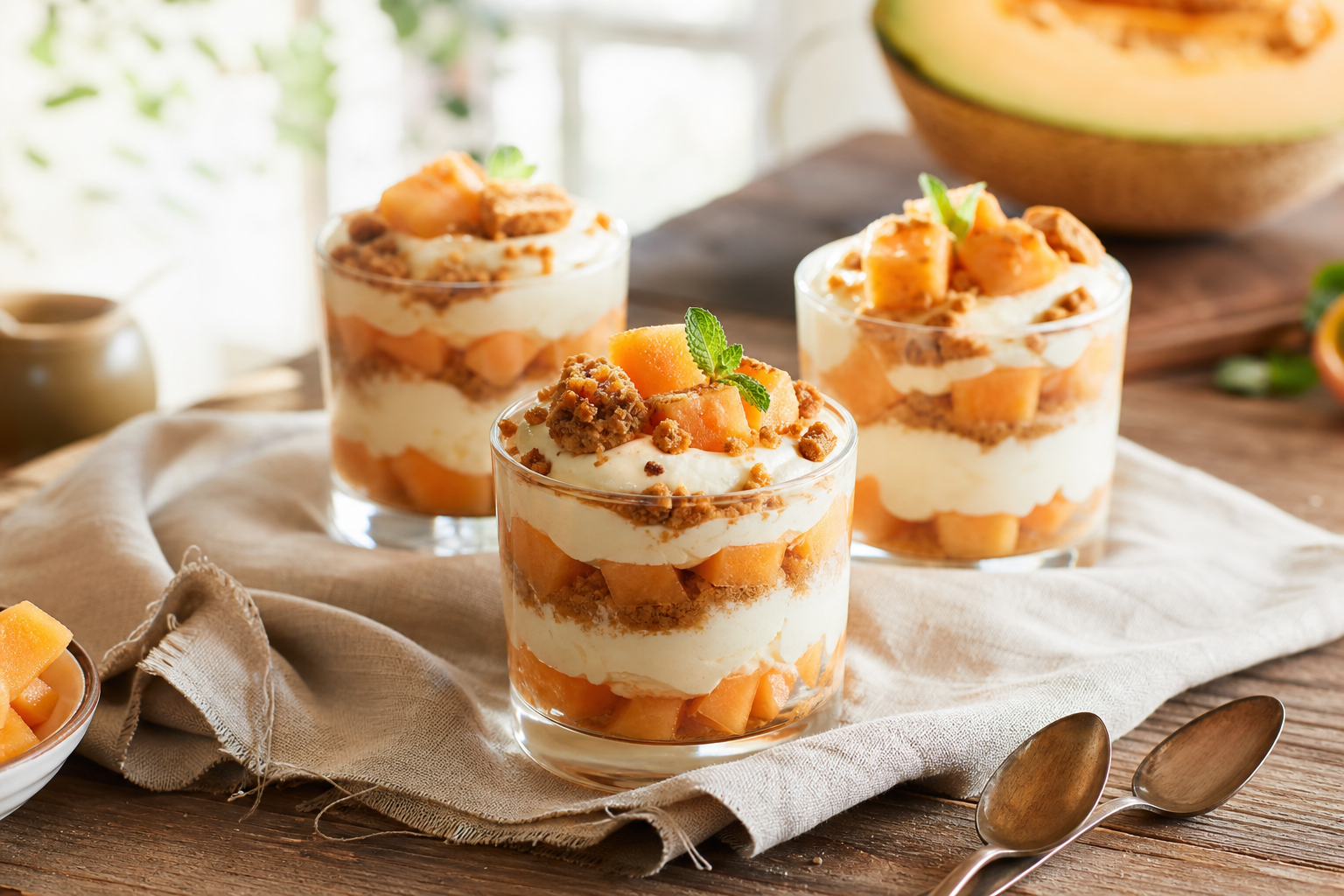 Tiramisu melon en verrines : crème ferme et fraîche